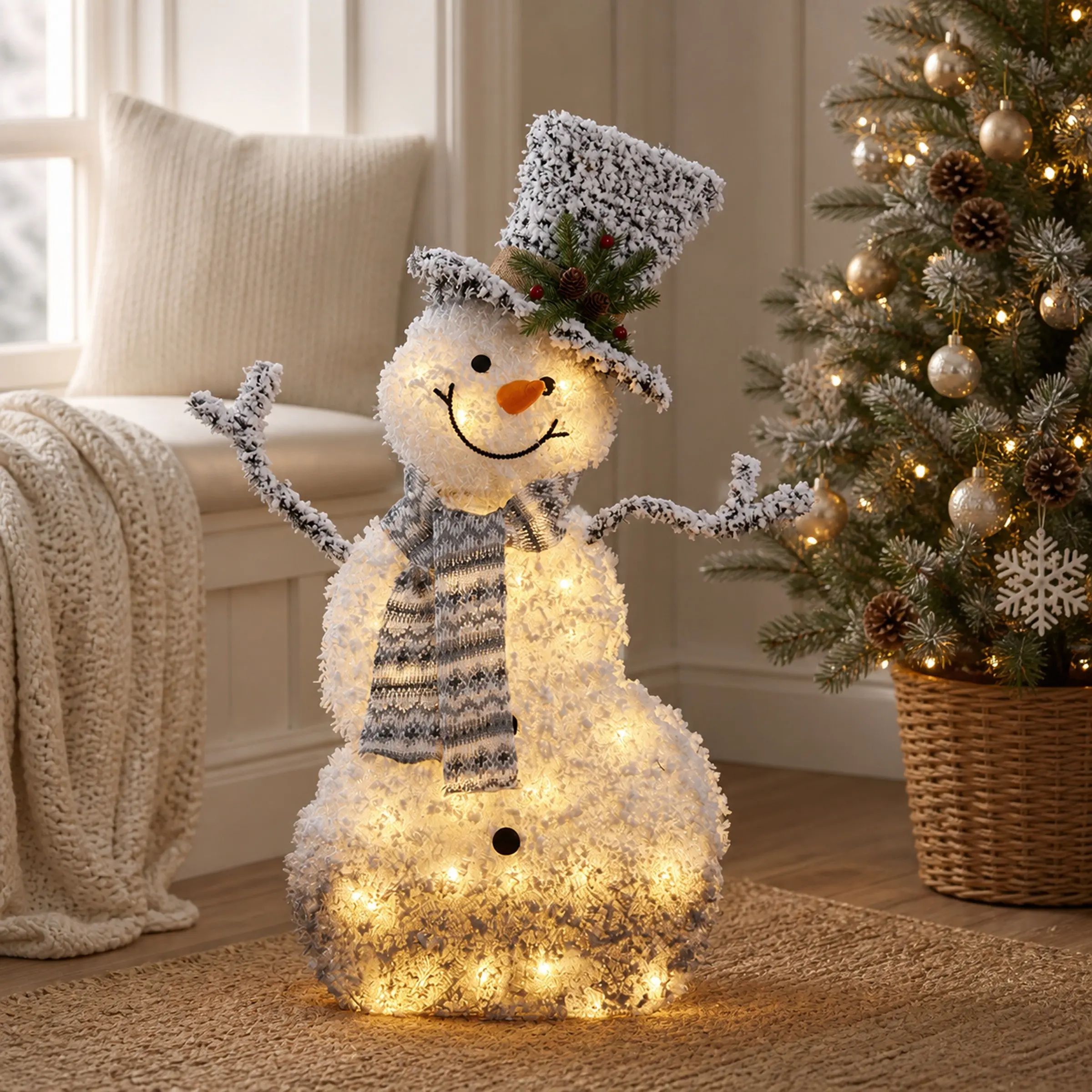 Glowing Snowman Ornament for Christmas Window Display, Plush Snowman Hotel Lobby Holiday Decor, Creative Living Room Store Entrance Decoration