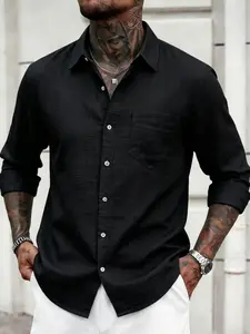 Men's Linen Polo Shirt, Loose-Fit, Breathable, Single Pocket, Turn-Down Collar, Long Sleeve, Casual Style, All Seasons, Breathable Casual Wear