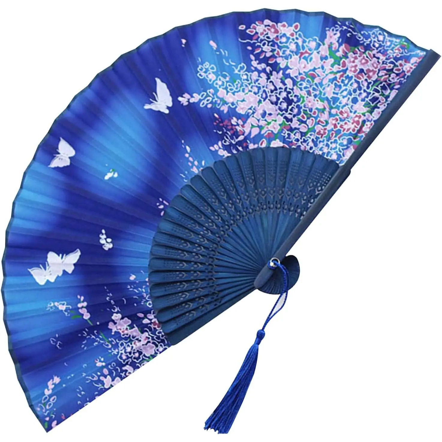 HandHeld Folding Fan Hand Held Fan Silk Wooden Fan with Tassel  Chinese Hand Fan Decorative Foldable Fan for Women Girls Wedding, Dancing,Party,Gifts, Props  Decoration,Flower (Blue)