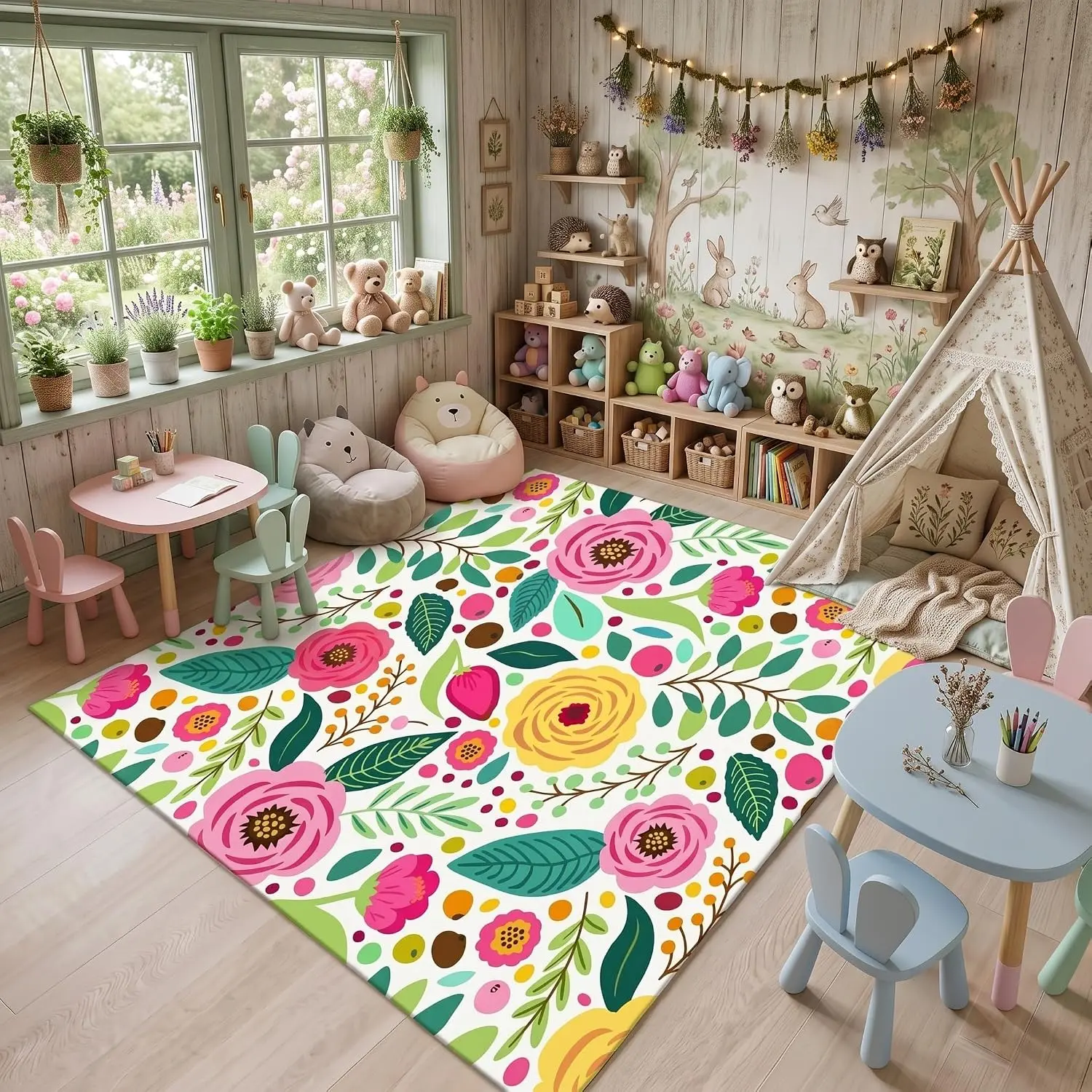 Pastel Floral Classroom Rug 6.6 x 4.6 ft Washable Wildflowers Area Rug Non Slip Soft  to School Floral Classroom Decorations Low Pile Flower Carpet for Bedroom Playroom  Floor