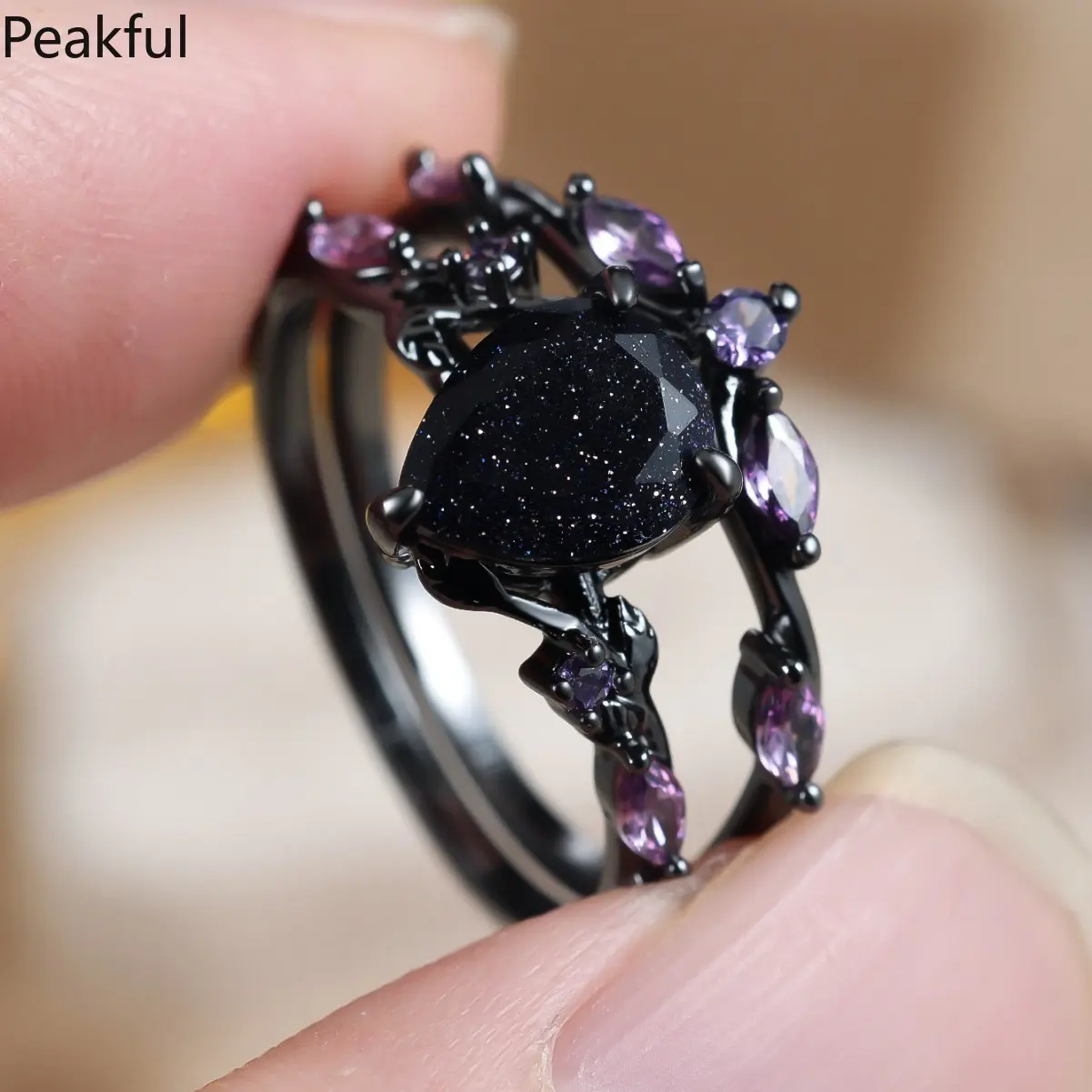 Vintage Black Crystal Stackable Rings Set, Leaf Design Engagement Ring for Women & Girls, Nature-Inspired Jewelry, Perfect for Weddings, Daily Wear & Valentine's Day Gift