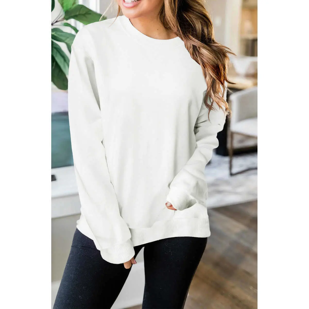 Women's Chic Basic Beige Solid Crew Neck Pullover Sweatshirt, Soft Fabric, Long Sleeves, Cotton, Casual, Tops, Pants, Longsleeves