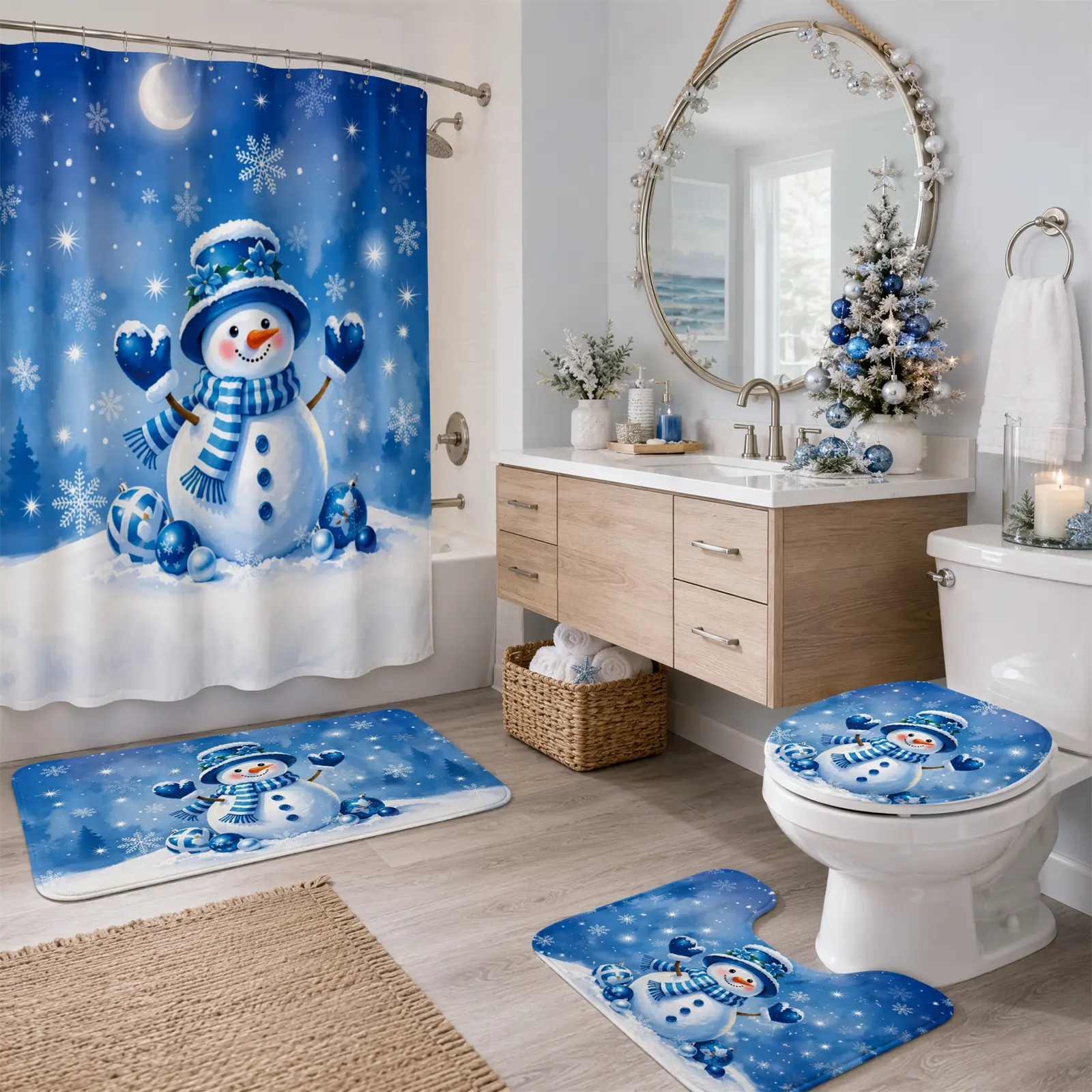 Snowy Christmas Shower Curtain Set, 4 Piece Blue Snowman Winter Themed Bathroom Kit, Snowflake & Xmas Ball Art Print, Waterproof Curtain, Absorbent Bath Mat, U Shape Rug and Toilet Cover,Candy Cane Xmas Bathroom Set Holiday Winter Home Decor