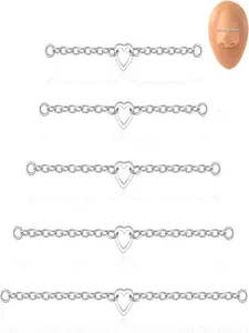 5Pcs Nose Chain Piercing Stainless Steel Across Top Nose Rings Chain Heart Double Nostril Bridge Fashion Body Jewelry for Women Men Silver Plated 32/35/40/45/50mm