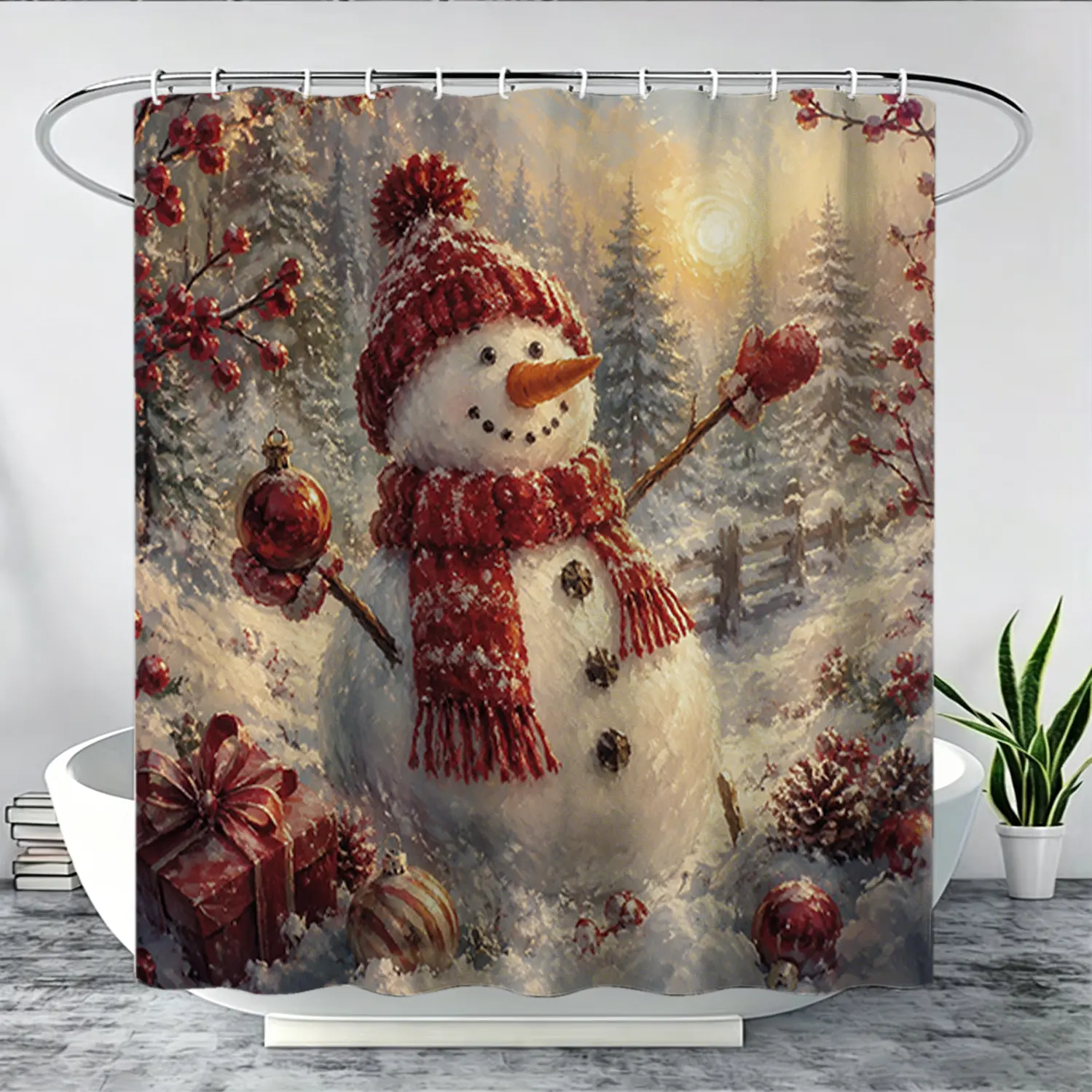 Thickened 1/4 piece Christmas snowman shower curtain set, including shower curtain, toilet pad, bathroom pad, and toilet lid cover, with 12 hooks, bathroom accessories