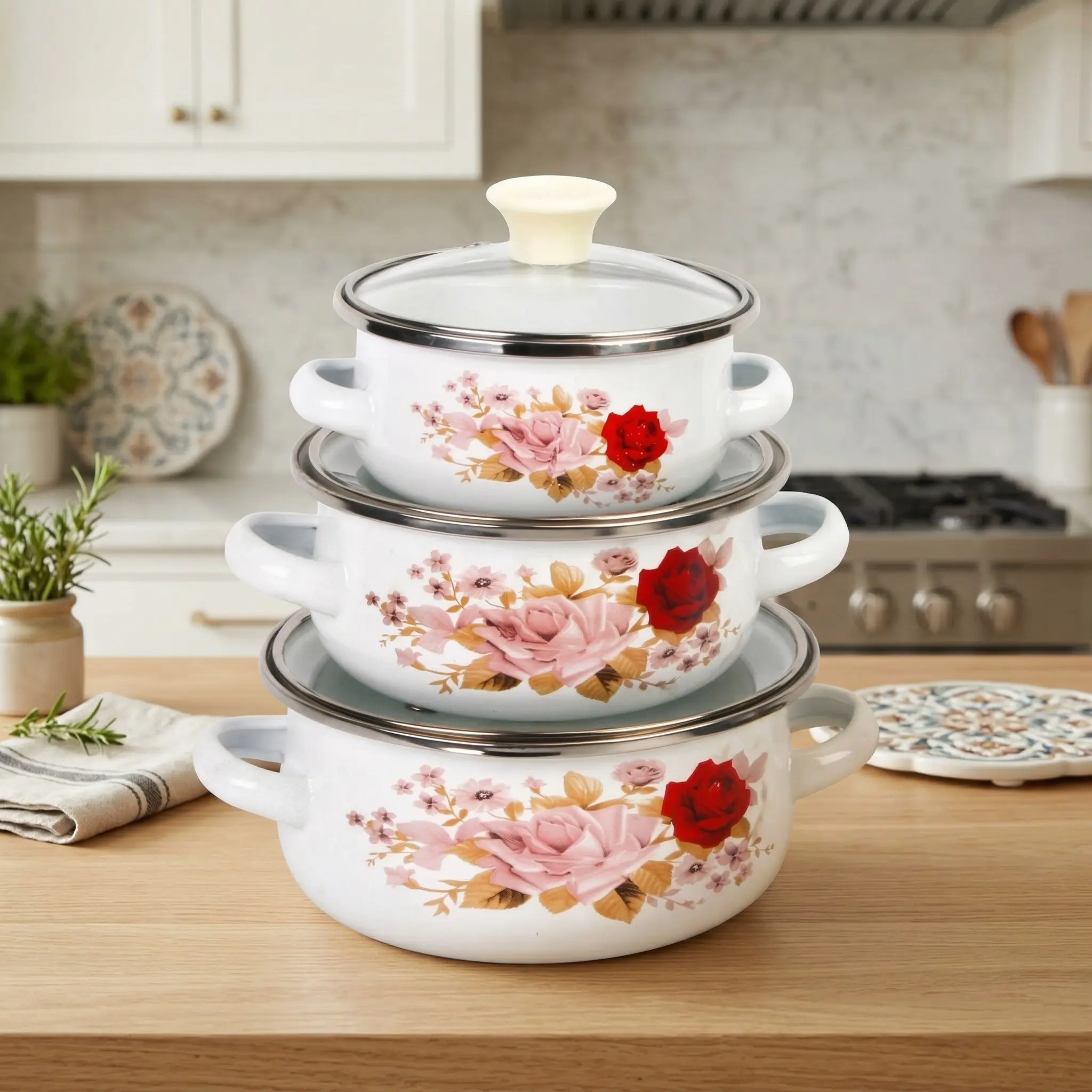Multifunctional Enamel Cookware Set, 3-Piece Kitchen Utensils with Glass Lids, Mini Soup Pot, Serving Bowl, Ideal for Home Use