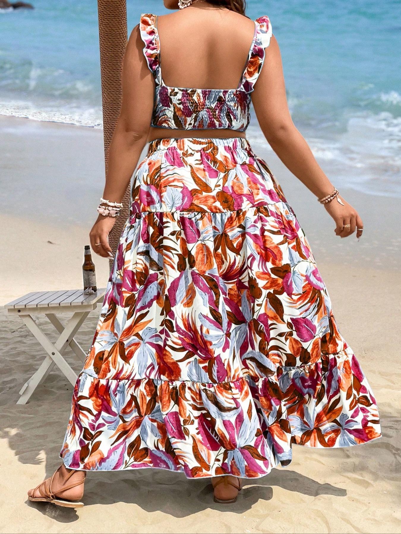 [Plus Size] Leaf Print Sleeveless Short Crop Top & Skirt Set, Boho Bohemian Fashion Casual Two-piece Set Short Sets for Beach Vacation Holiday, Women's Clothing for All Seasons, Womenswear, Lady