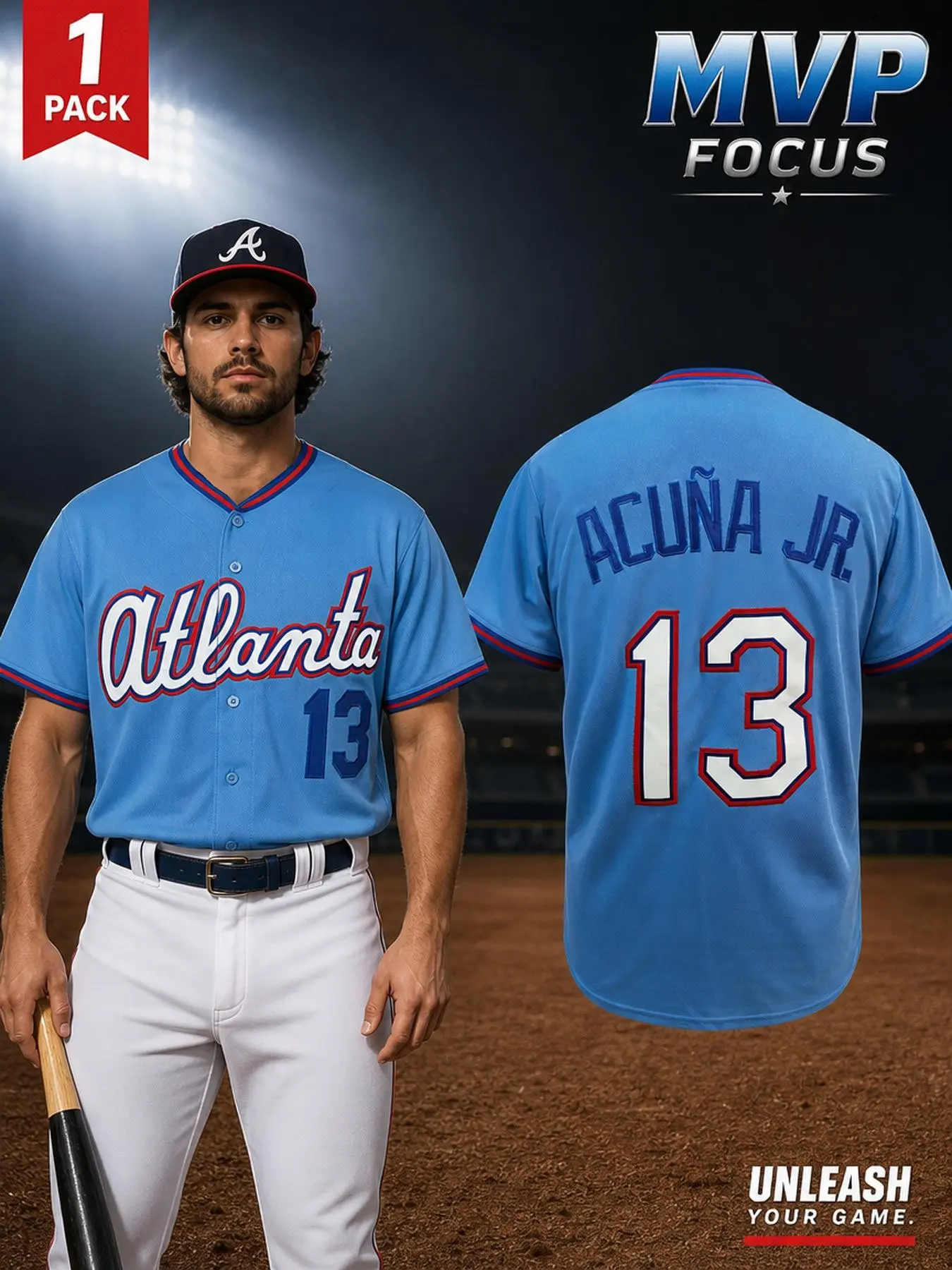 Men's Baseball Jersey Atlanta #13 Stitched Button Down Short Sleeve Vintage Casual Sports Uniform Light Blue
