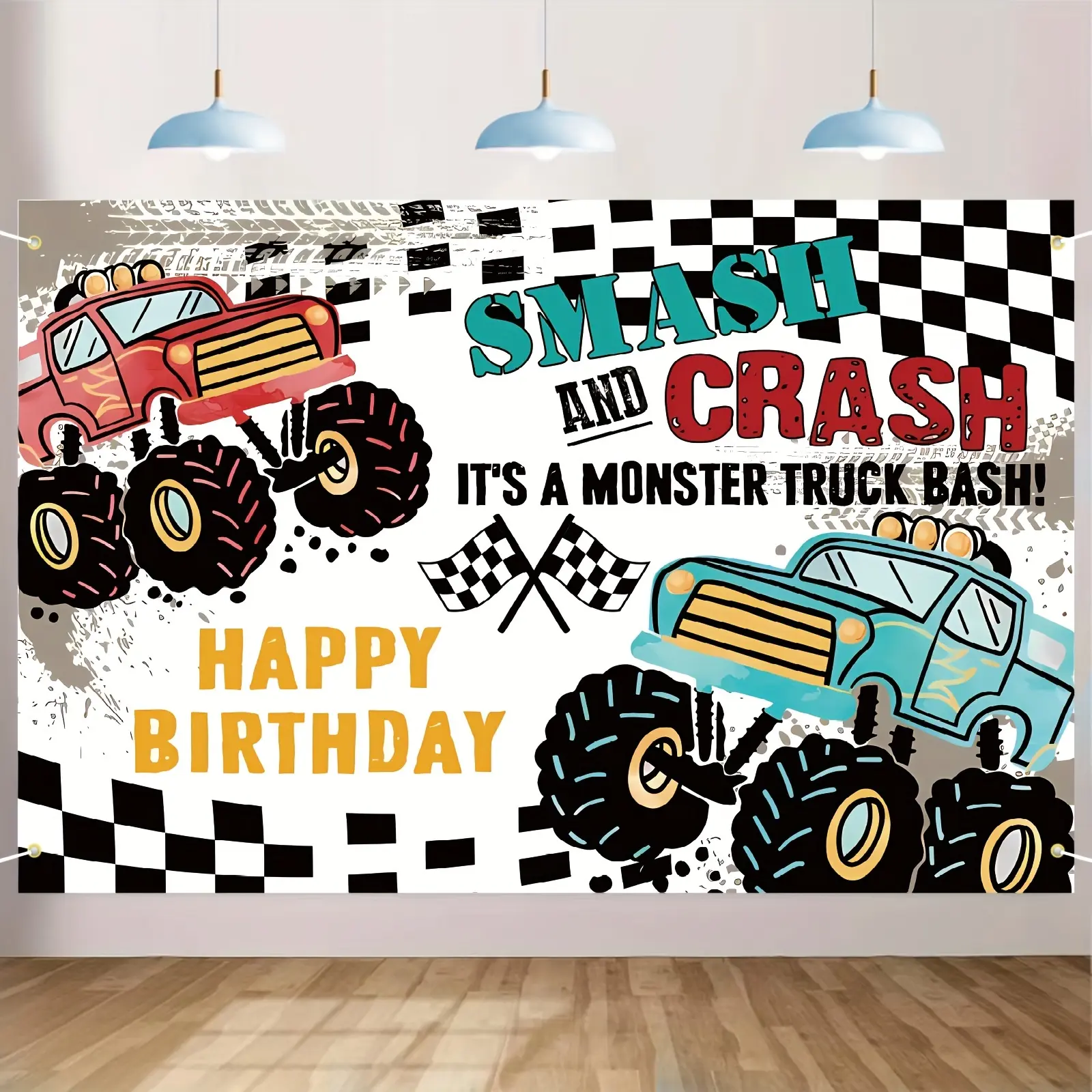Monster truck bash birthday party backdrop, polyester wall decoration, universal holiday room and garden decor, multipurpose, no electricity needed, Birthday themed backdrops