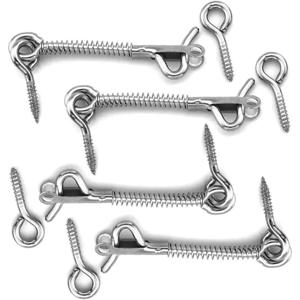 4 count Stainless Steel Spring Hook and Eye Safety Latch 3-Inch Safety Hook and Eye Latch for  Family, Farm, or Camping   and Safety