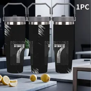 1pc 30oz portable thermos cup printed with CRISZIONO 7 silver digital vertical stripe pattern, black matte cup body with dark grey handle seal lid, Cristiano Ronaldo half face fusion design, stainless steel metal ring decoration, fashion sports style