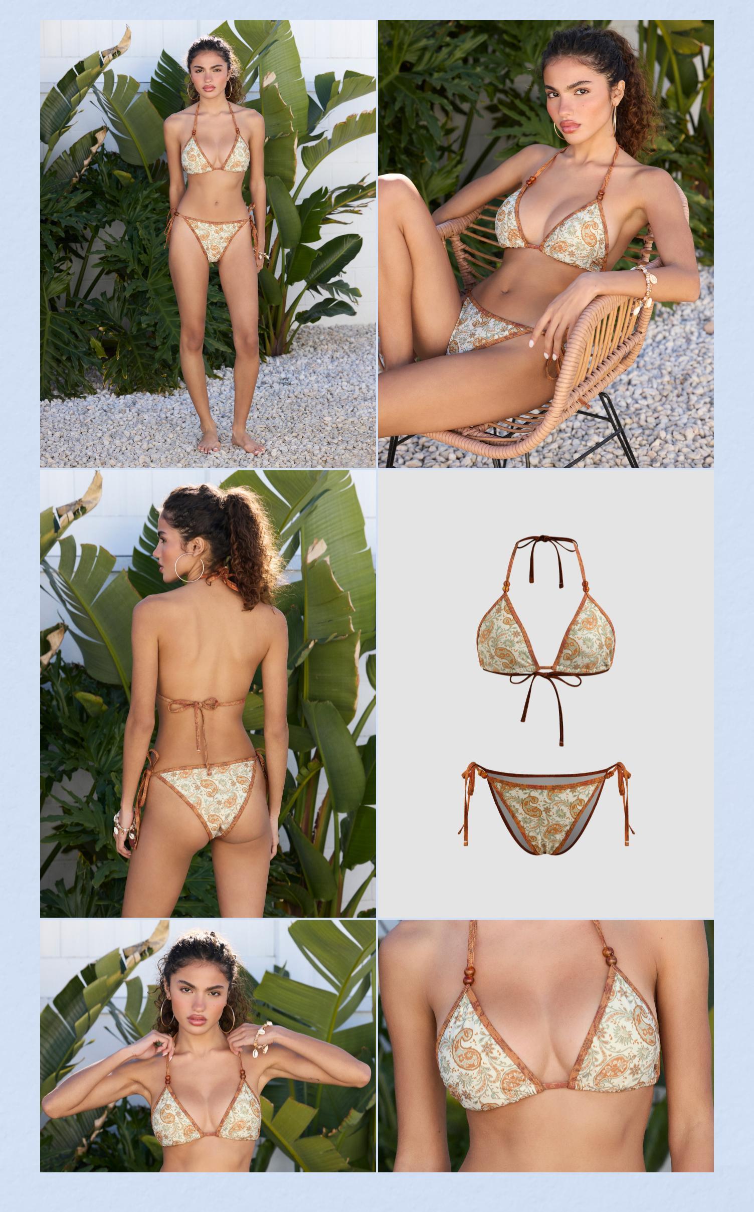 Cider V-neck Paisley Beaded Detail Triangle Bikini Set