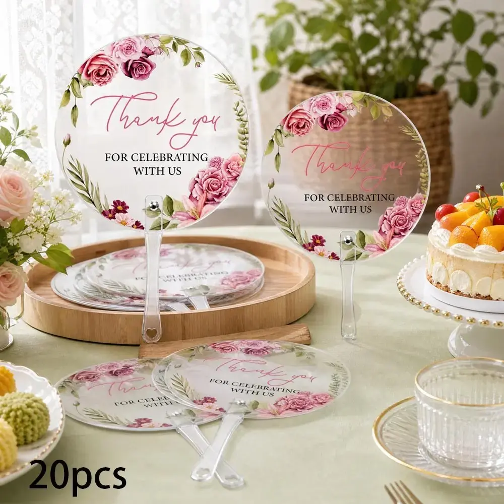 20pcs Floral Thank You Plastic Wedding Fans, Durable and Simple Design, Perfect for Outdoor Weddings, Bridal Parties, Church Ceremonies