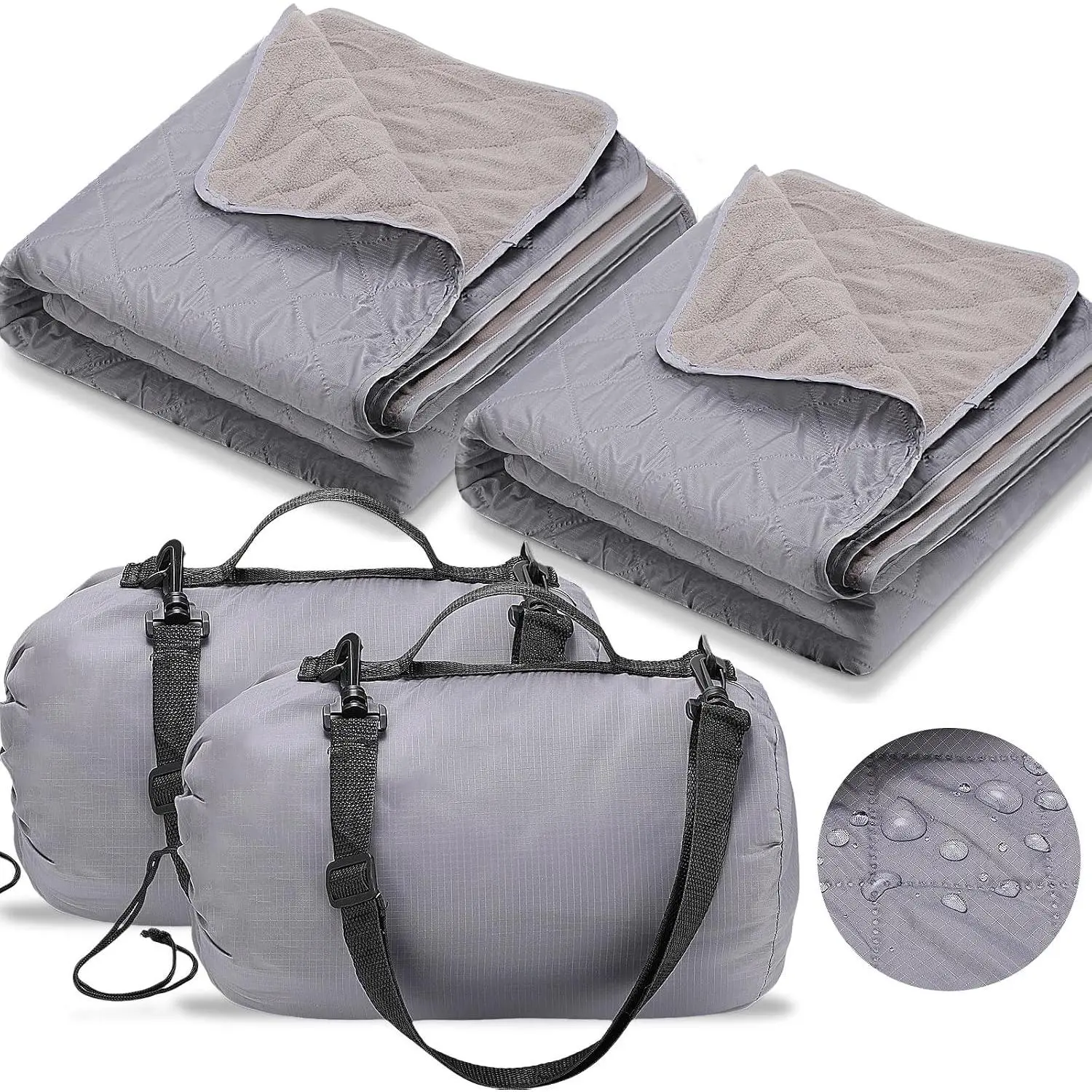 2-Pack Large Waterproof Outdoor Blankets, 78 x 55 Inch Quilted Fleece Camping and Stadium Blankets, Windproof Sandproof Foldable Warm Throws with Carry Bags for Cold Weather, Picnic, Beach and Sports, Gray