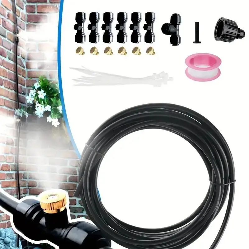 Misting Cooling System, Misting Line Misters for Outside Patio with Brass Mist Nozzles, Outdoor Mister for Patio Garden Greenhouse Trampoline Waterpark, Watering Systems, Water Sprayer, Brass Atomizing Nozzle