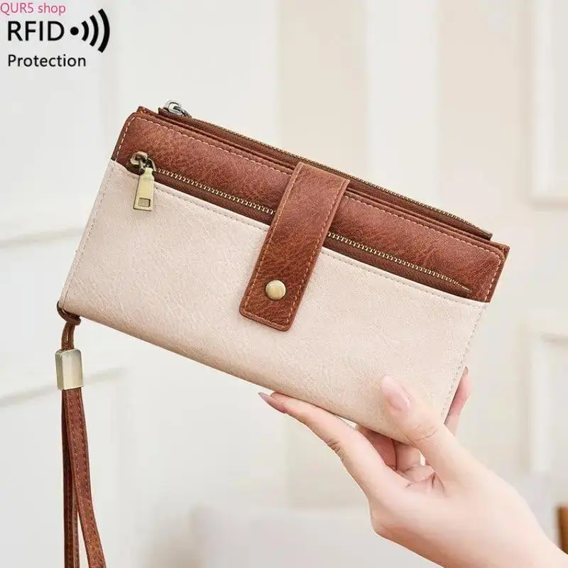 2026 Women’s RFID Blocking Bi-Fold Leather Wallet, Large Capacity Zipper Wristlet Clutch with Contrast Design, Multi-Slot Credit Card Holder & Independent Coin Pocket, Stylish Anti-Theft Purse for Daily Shopping and Travel Carry