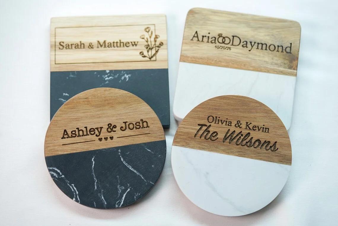 10 Pcs Set Handcrafted Marble Coasters Set Black Marble Wood Round Coasters Set for Tea Coffee Tabletop Protection Helper