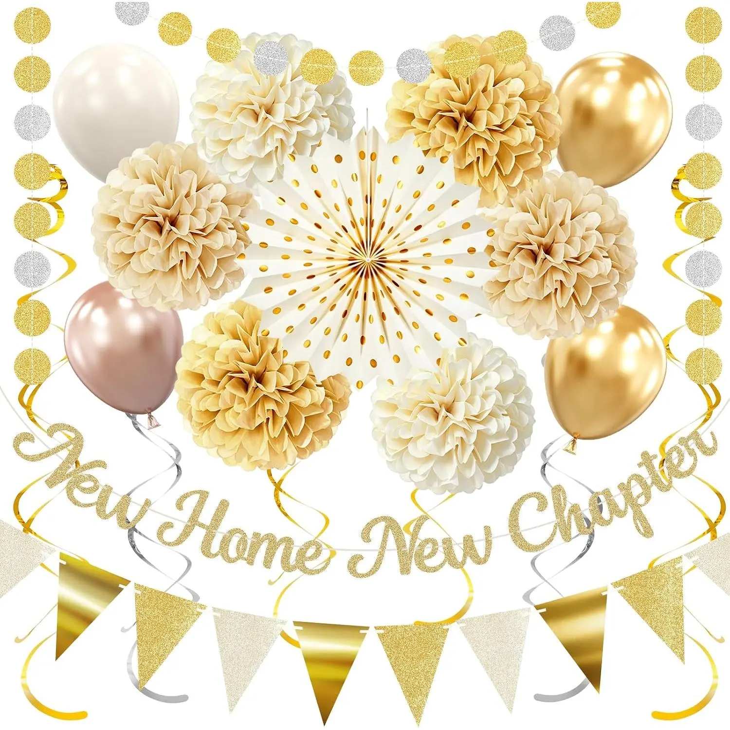 Housewarming Decorations Set,    Chapter Banner, White  Welcome  Party Decor, the Beginning of a  Chapter with Paper Pompoms, Triangle Banner