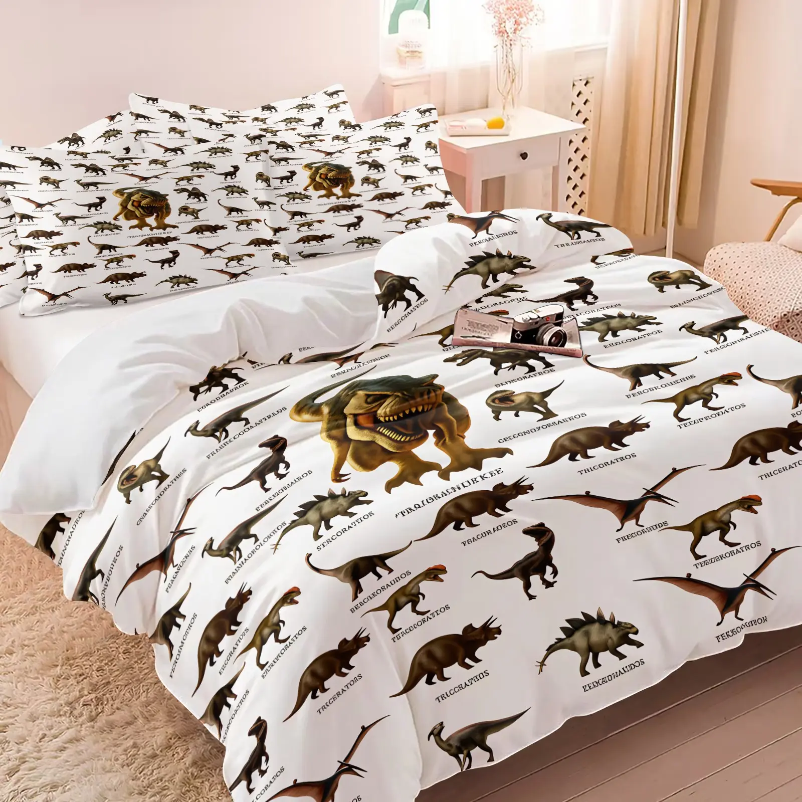 Popular Science Tyrannosaurus Rex Illustrated Guide Duvet Cover Set & 1-2 Pillowcases-Various Prehistoric Dinosaurs & Their Scientific Names-Soft & Easy-To-Care Bedding-Educational Decor for Kids' Bedrooms