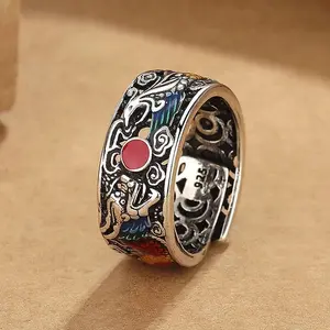 Vintage Colored Enamel Dragon Phoenix Playing Beads Ring For Men Hollow Auspicious Clouds  Trendy S925 Male Ring Jewelry Opening