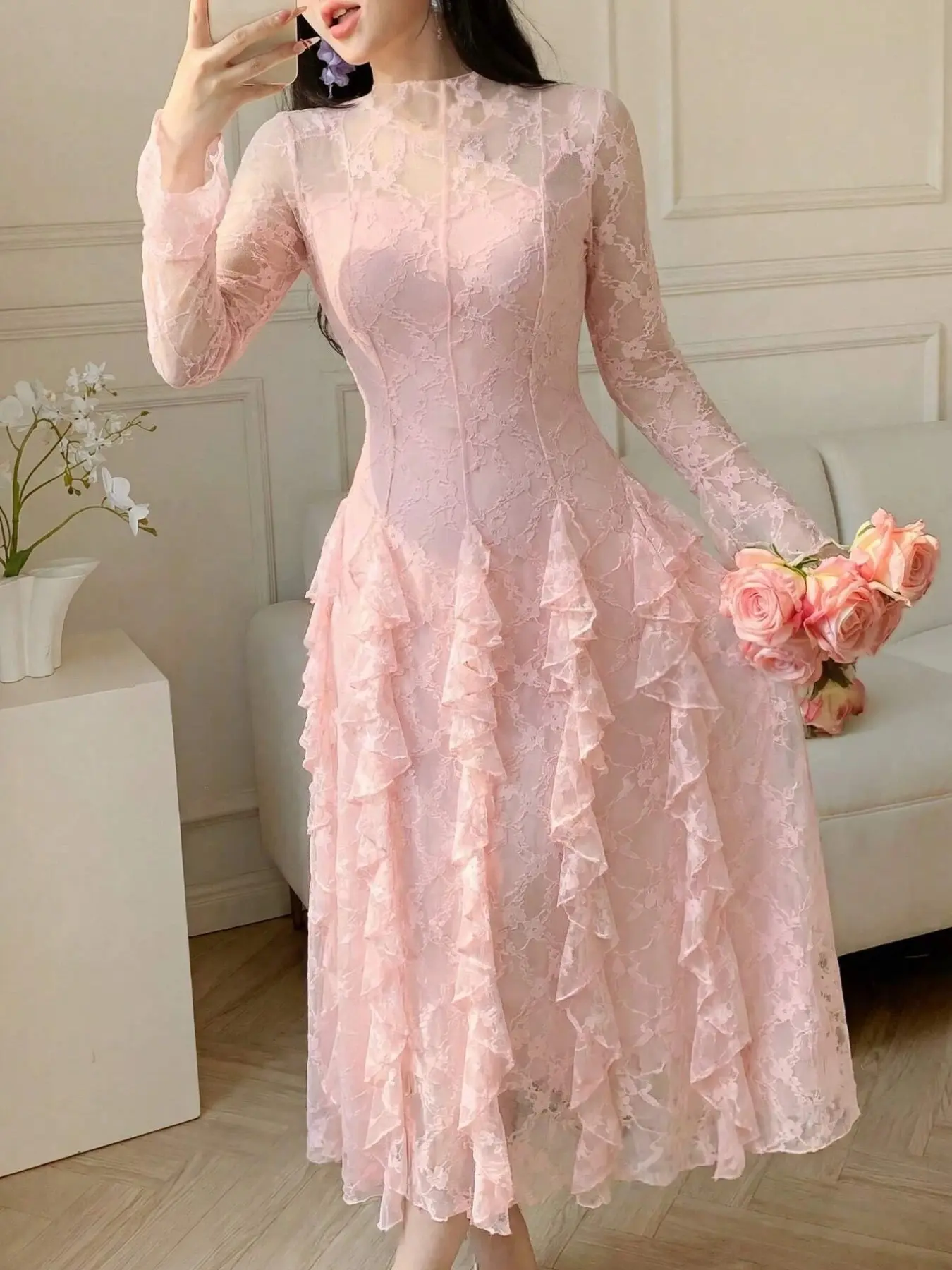 Lace Layered Midi Dress, Korean Style Cute Soft Floral Lace, Lightweight Breathable, Asymmetrical Ruffle Hem, Perfect for Daily Wear