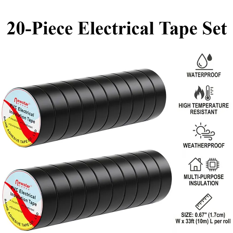 20 rolls of black waterproof electrical tape, high temperature resistant, for weatherproof and multi-purpose insulation, width: 0.67inch1.7cm, length per roll: 33ft10m