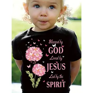 T-shirt with dandelion and letter prints, inspirational T-shirt with Jesus and God motifs, "Blessed by God, Loved by Jesus, Guided by the Holy Spirit," summer clothing for young girls.