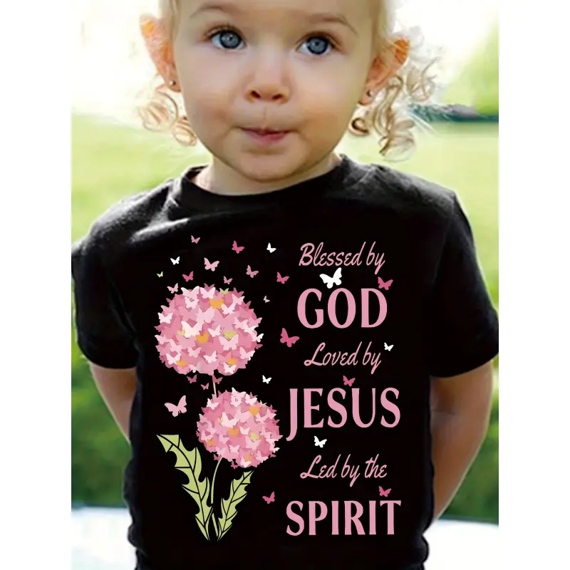 T-shirt with dandelion and letter prints, inspirational T-shirt with Jesus and God motifs, "Blessed by God, Loved by Jesus, Guided by the Holy Spirit," summer clothing for young girls.