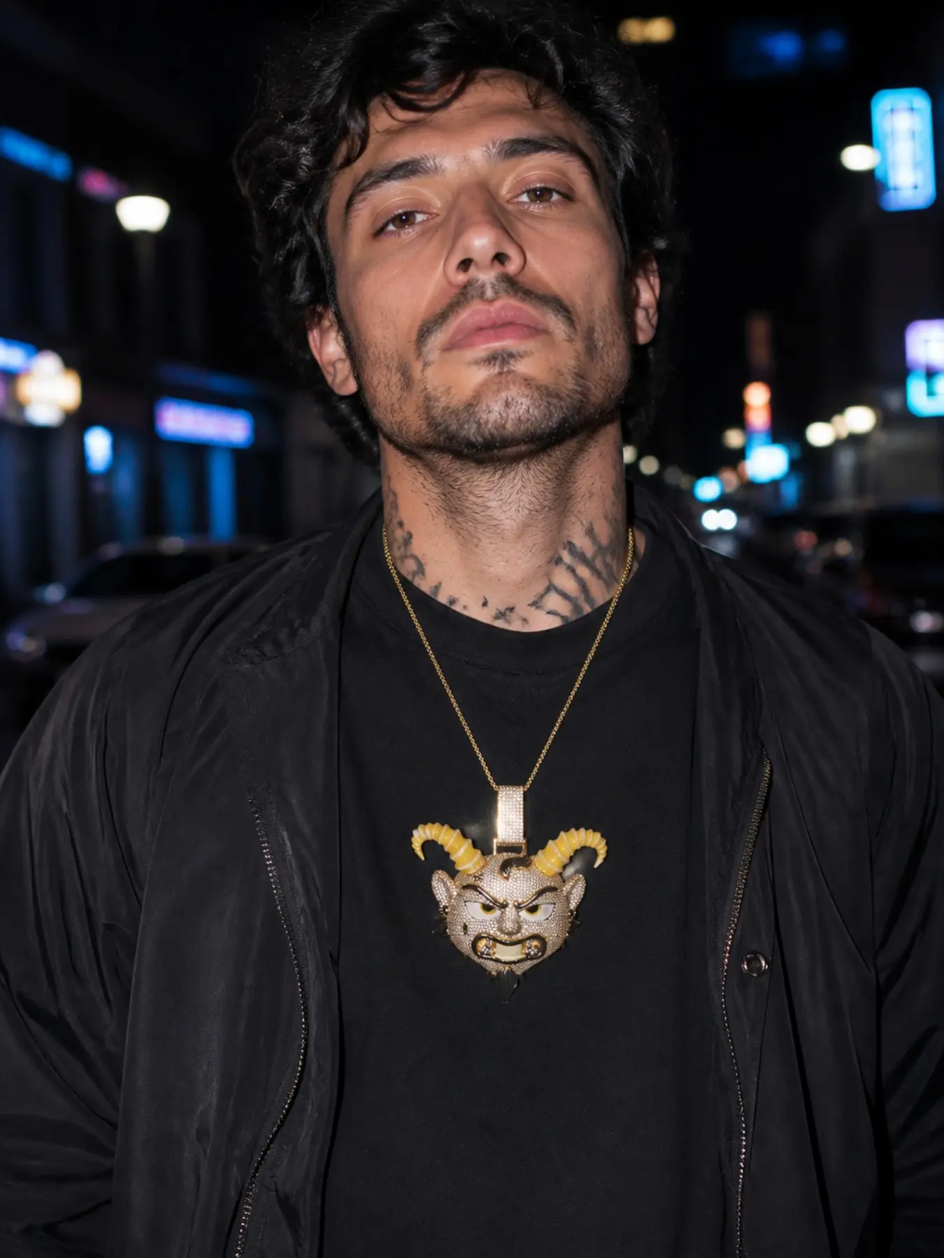 Oversized Full-Embellished Ice Crystal Zircon Demonic Face Pendant Necklace, Hip-Hop Rap Artist Trend Bling Accessory