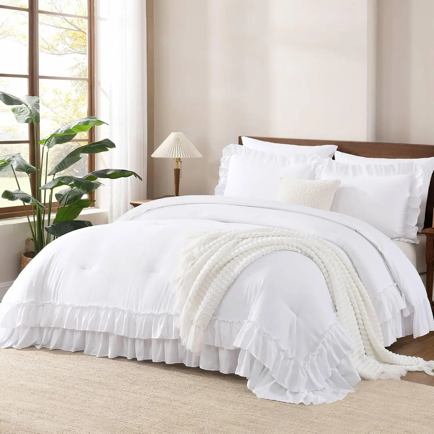 White Ruffle Comforter Set Queen Size, 3 Pieces | Soft Lightweight Fluffy Polyester, Farmhouse Shabby Chic, All Season Bedding Comforter Set (1 Comforter and 2 Pillowcases)