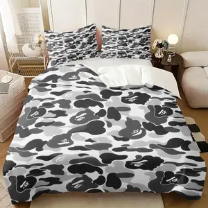 2/3Pcs Black White Ape Head Camo Duvet Cover Set, Classic Streetwear Camouflage Comforter Cover, Trendy Urban Hip Hop Bedding Set with Pillowcases, No Filler, For Teen Boys Young Men Streetwear Bedroom Apartment Decor, Decorative Duvet Cover