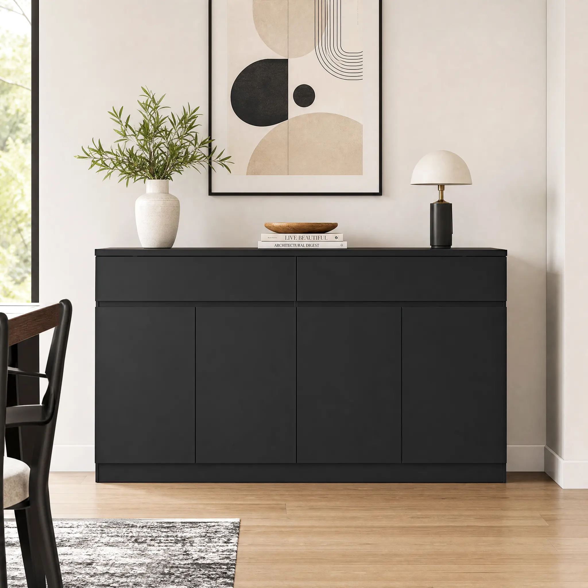 ARCH Rectangular Single Unit Sideboard Buffet Cabinet - Large Wood Storage Cabinet with 2 Drawers, 4 Doors & Ample Storage Space, Coffee Bar Table for Dining Room/Living Room, Black Particle Board, 63x15.74x35.43in, Panel Back