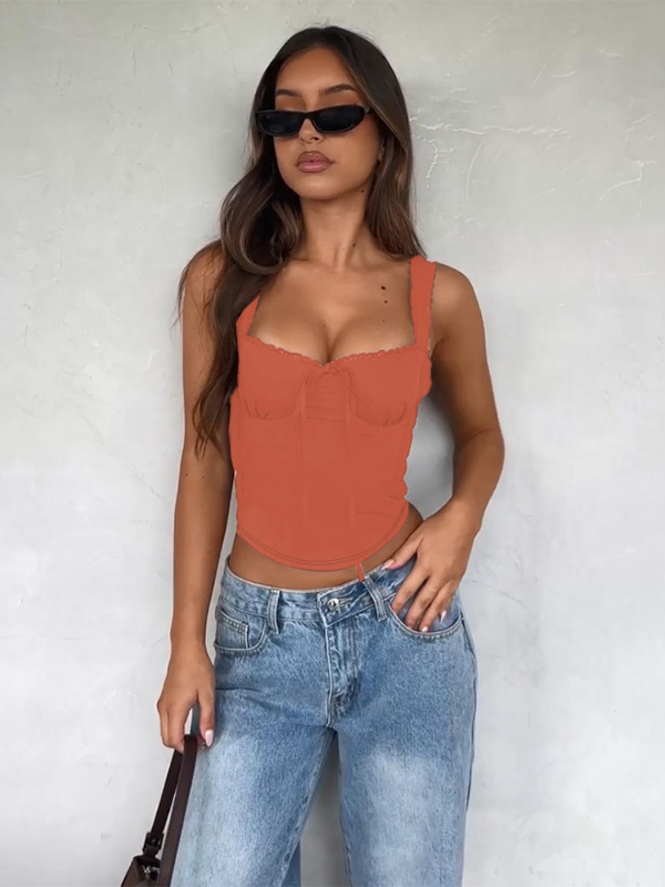 WOWDARK Women Autumn Tie-Up Lace Trim Camisole Top