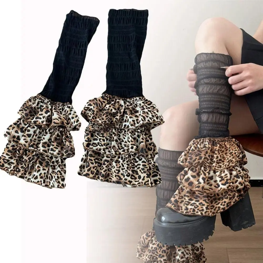 Women's Leopard Print Ruched Polyester Leg Warmers - Winter Warm Harajuku Tiered Piled Calf Socks, Fashion Style Mesh Boot Socks for Pairing with Shorts & Skirts, Sleeve