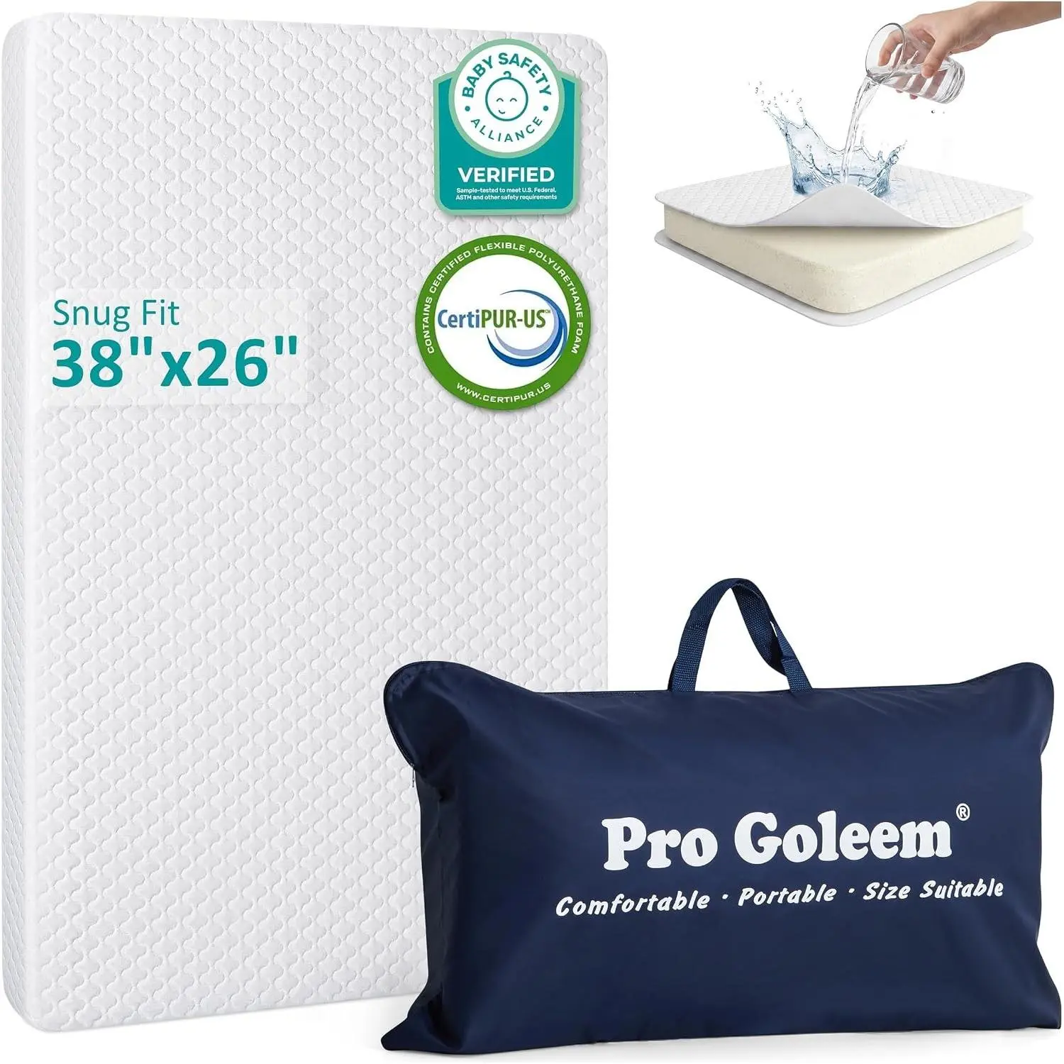 Pack and Play Mattress (38"x26"), Waterproof Pack n Play Mattress Pad with Carry Bag, Firm Playard Mattress with Soft Cover, for Babies and Toddlers