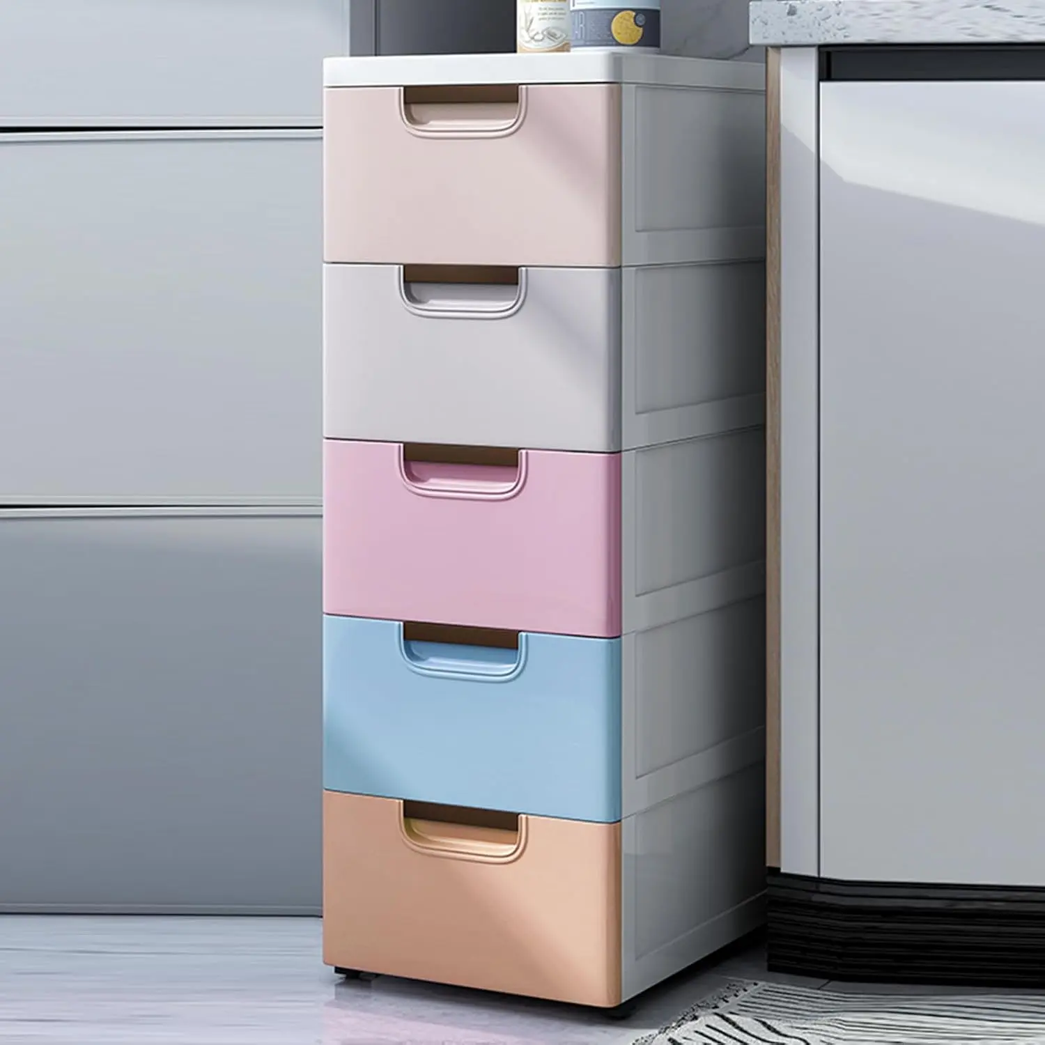 5 Drawer Stackable Storage Tower,Plastic Drawers Dresser,Narrow Rolling Storage Cabinet for Livingroom,Colored
