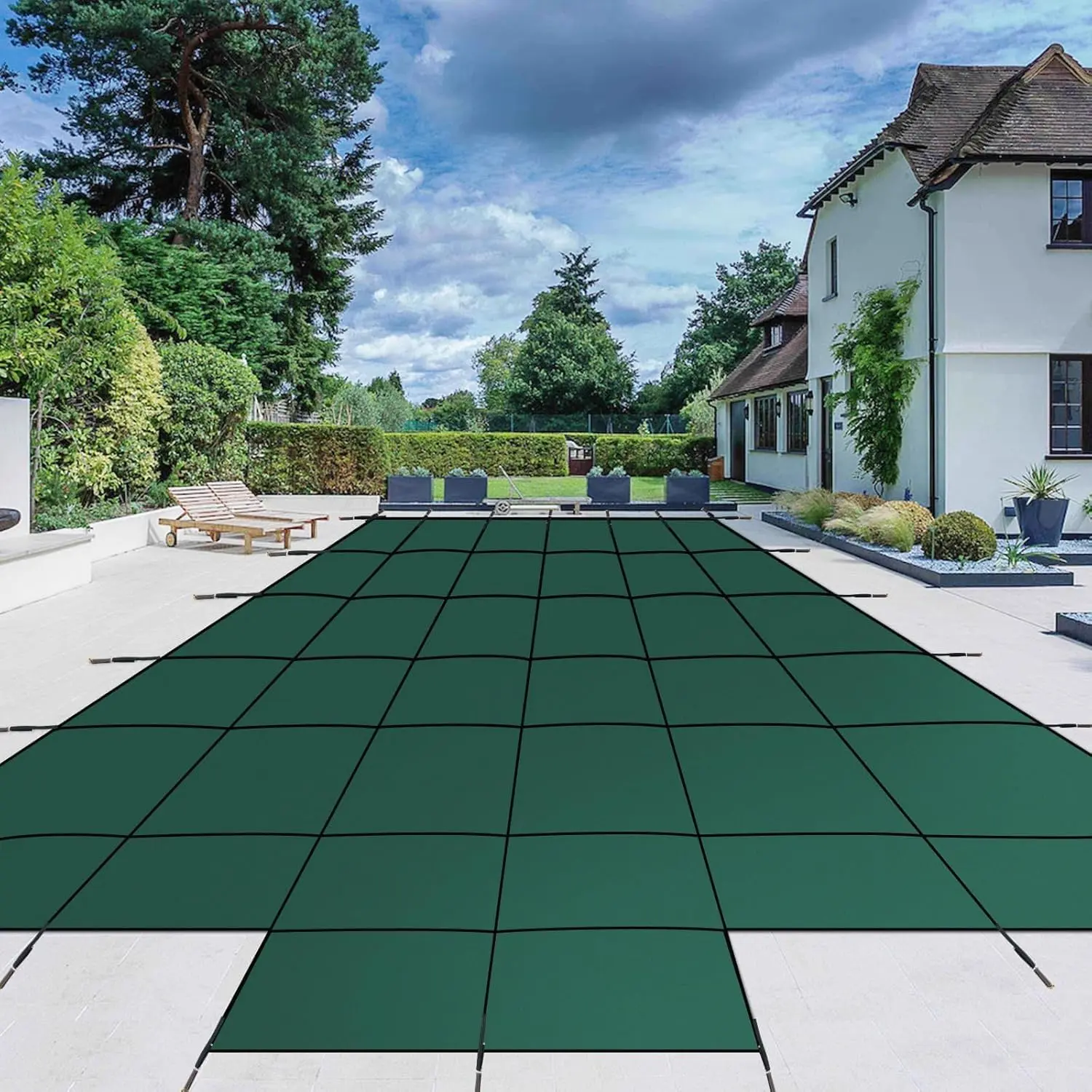 Inground Pool Safety Cover, 20x40 FT Rectangle with 4x8 FT Center End Step, Ultra-Dense Green Mesh Winter Cover for Outdoor Pool Owners, Debris Guard, Leaf Protection & Installation Tools