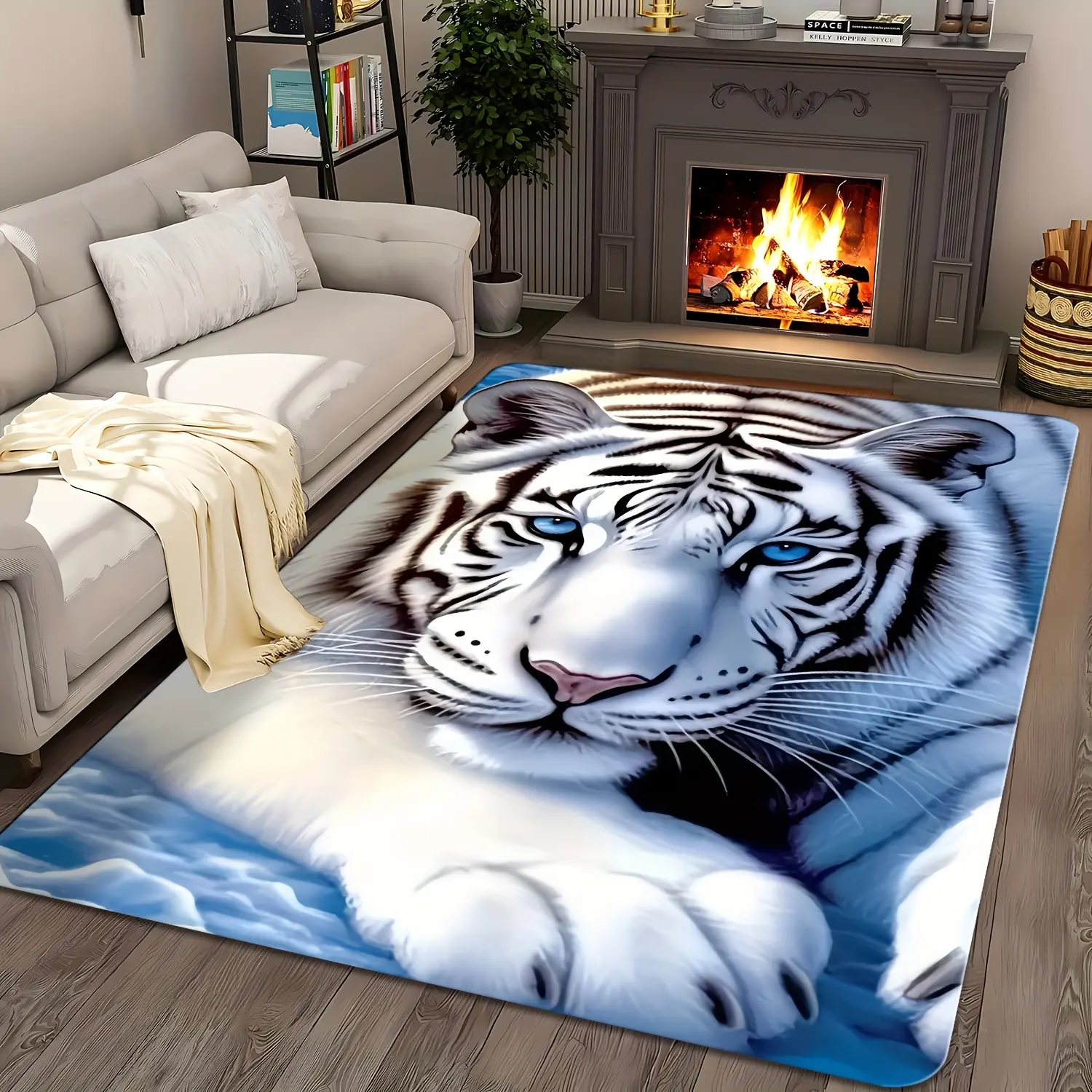 White Tiger Blue Eyes Large Area Rug - Realistic Wild Animal Print Non Slip Indoor Floor Rug for Living Room Bedroom Apartment Home Decor