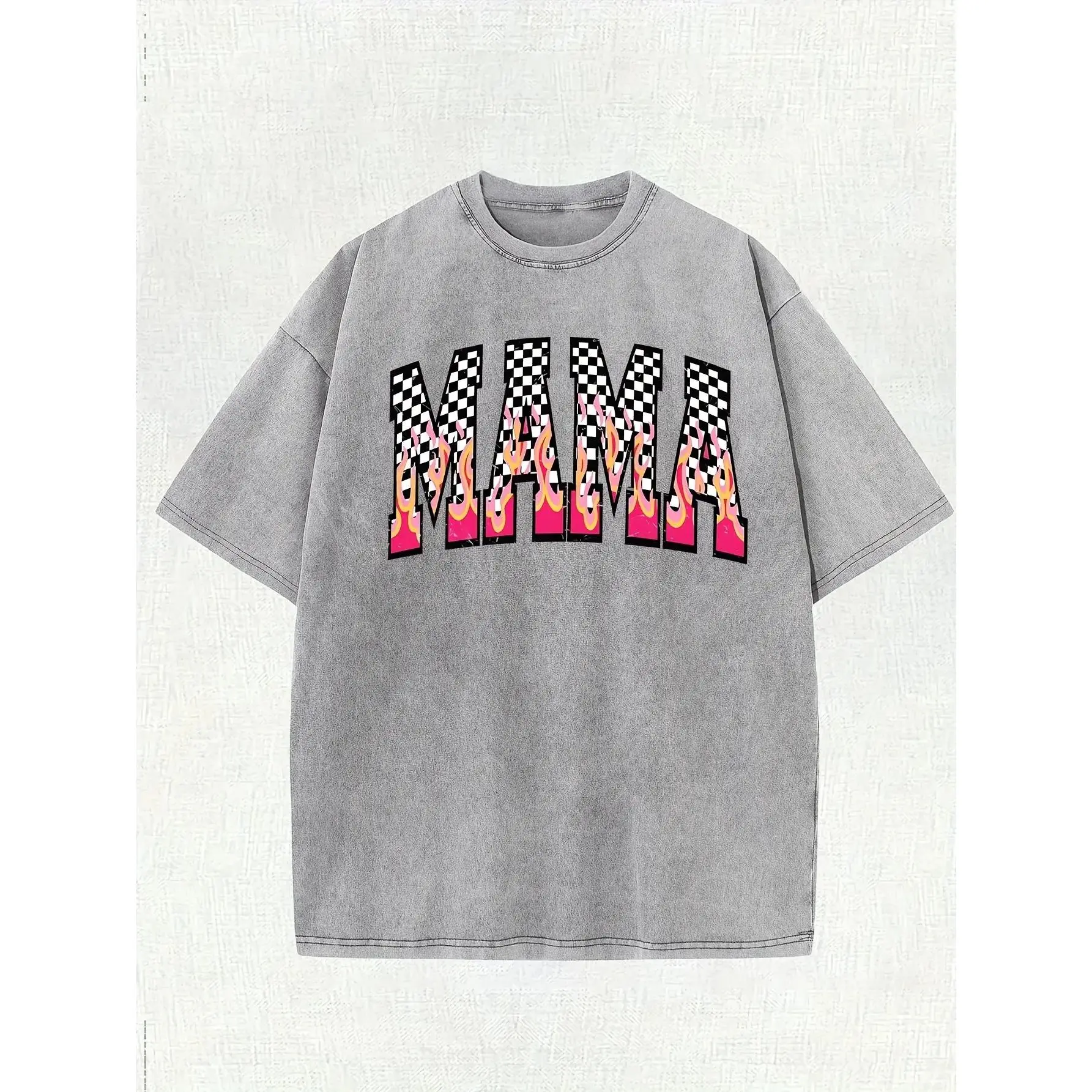MAMA Checkered and Flame Men'S Washed Short Sleeve T-Shirt |   100% Pure, 7.76 Ounces, Single-Sided Printing, Retro Street Style, Crew Neck, Casual Style, Slight Stretch, Regular Fit, All-Season Crewneck Tshirt ,fathersdaygift