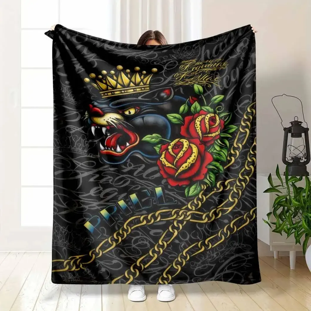 3D Ed Hardy Tattoo Black Panther Skull Flannel Blanket, Soft Comfortable Warm Lightweight Throw for Living Room Bedroom Sofa Office Leisure, Adults Kids Tattoo Art Fan Gift, Throw Blankets, Blankets