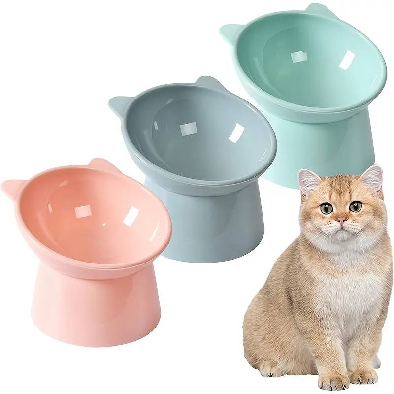 Raised Cat Bowls Set Of 3 - Cat-Ear Shaped Elevated Feeder with Anti-Slip Base, Neck Comfort Design - Tri-Color Feeding Dish for Pets (Pink/Green/Blue)