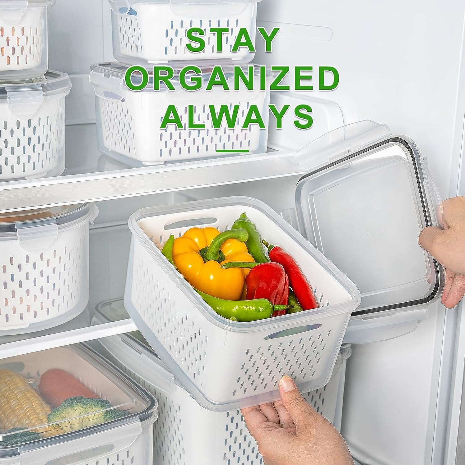 8 Pack Large Fruit Containers for Fridge - Leakproof Food Storage Containers with Removable Colander - Dishwasher & microwave safe Produce Containers Keep Fruits, Vegetables, Berry, Meat Fresh longer