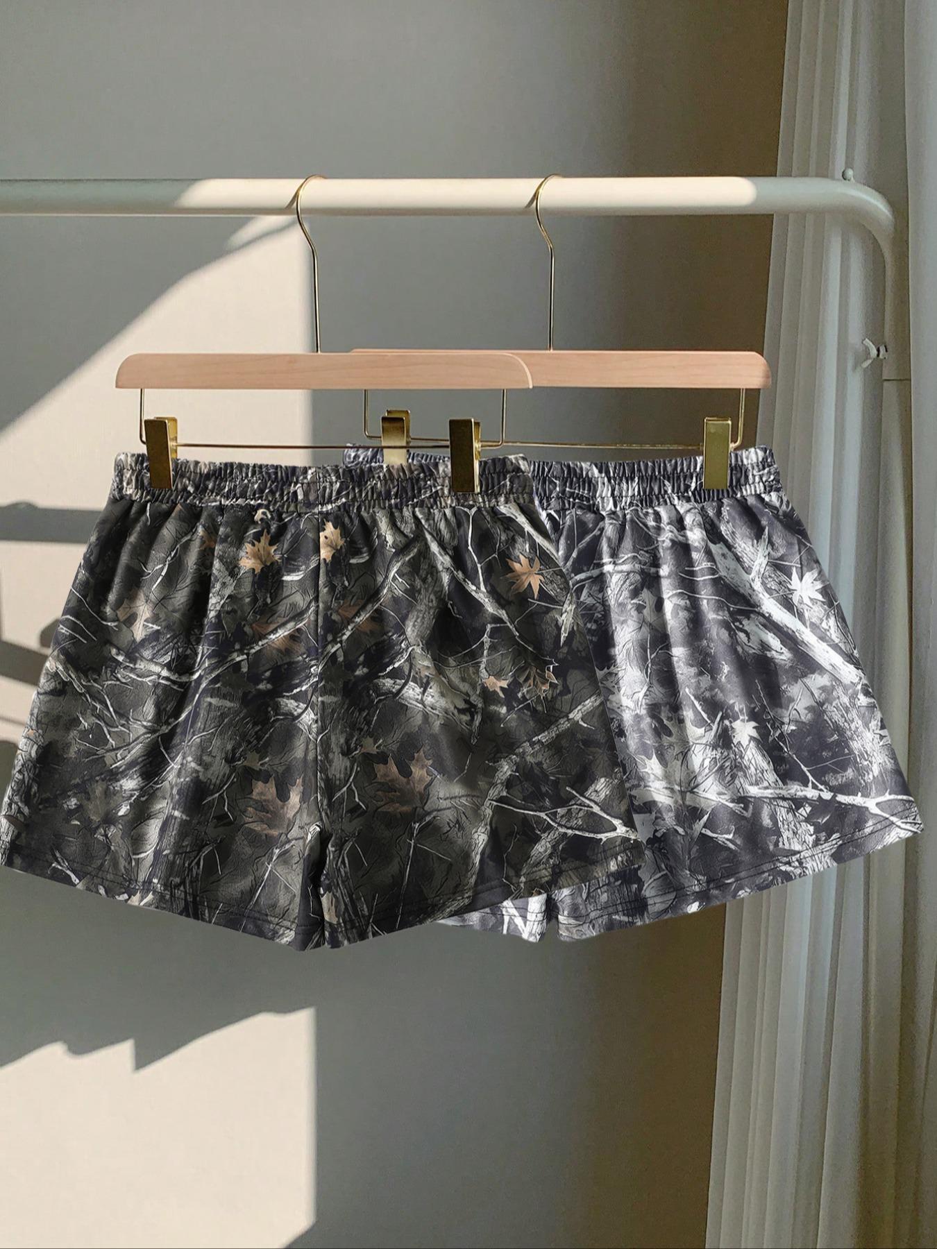 Women's Camo Print Tie Waist Shorts, Casual Comfy Breathable Shorts for Summer, Ladies Bottoms for Daily Wear, Womenswear, Lightweight Printed Shorts, Drawstring Shorts