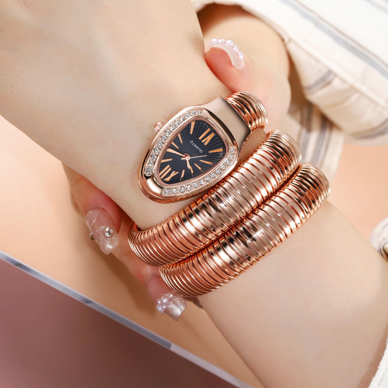 Women's Luxury Gold Snake Bangle Quartz Watch - Wrap Around Wristwatch with Crystal Diamond Bezel, Mother of Pearl Dial, Roman Numerals, Elegant Retro Statement Timepiece, Perfect Gift for Her