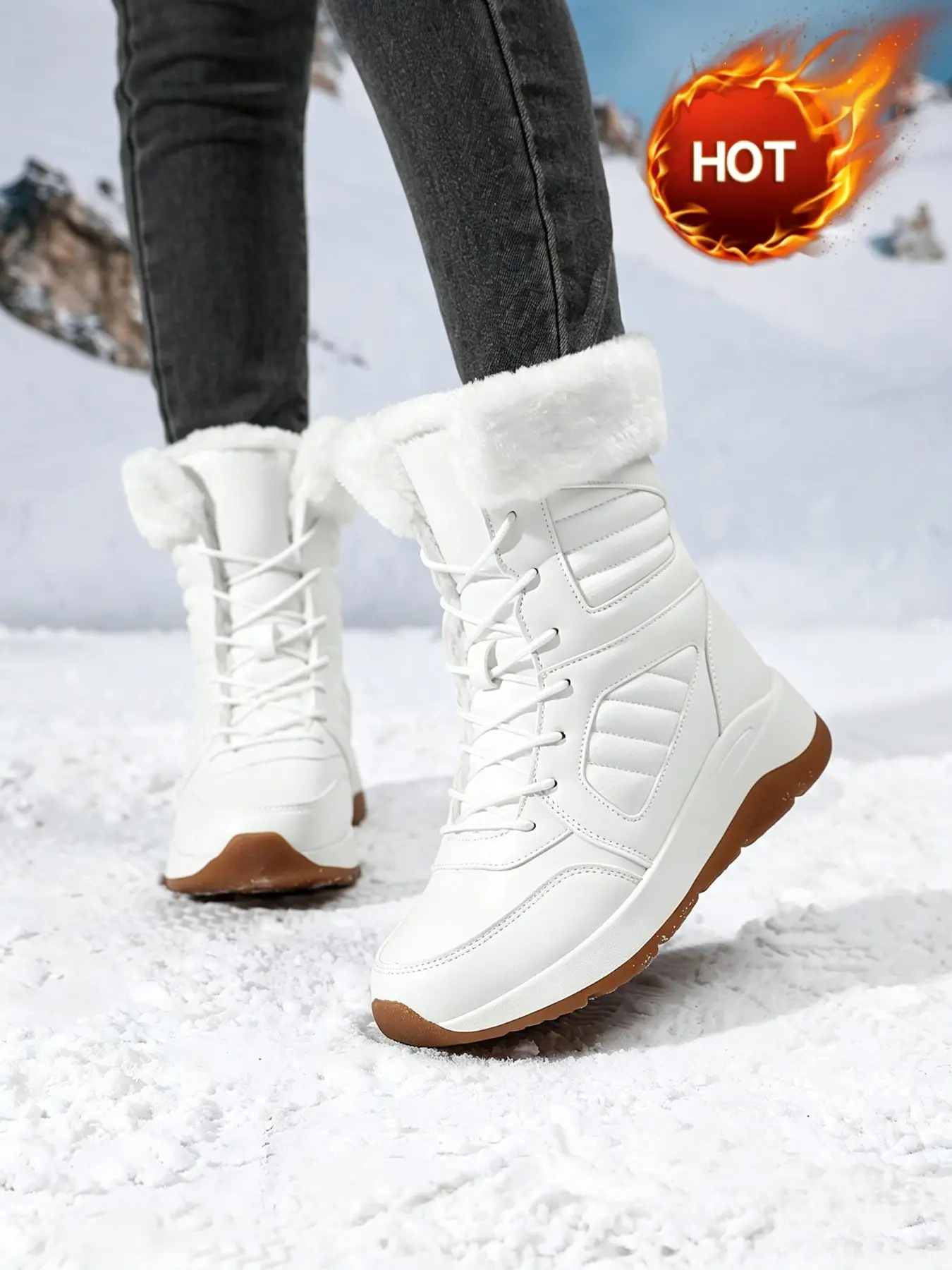 Women's Fashion Mid-Heel Snow Boots, Warm Winter Boots, Non-Slip Platform Lace-Up Boots. Ideal for ski trips, snow hiking, daily commutes, city strolls and winter getaways. Essential footwear for women to resist the cold and walk comfortably.