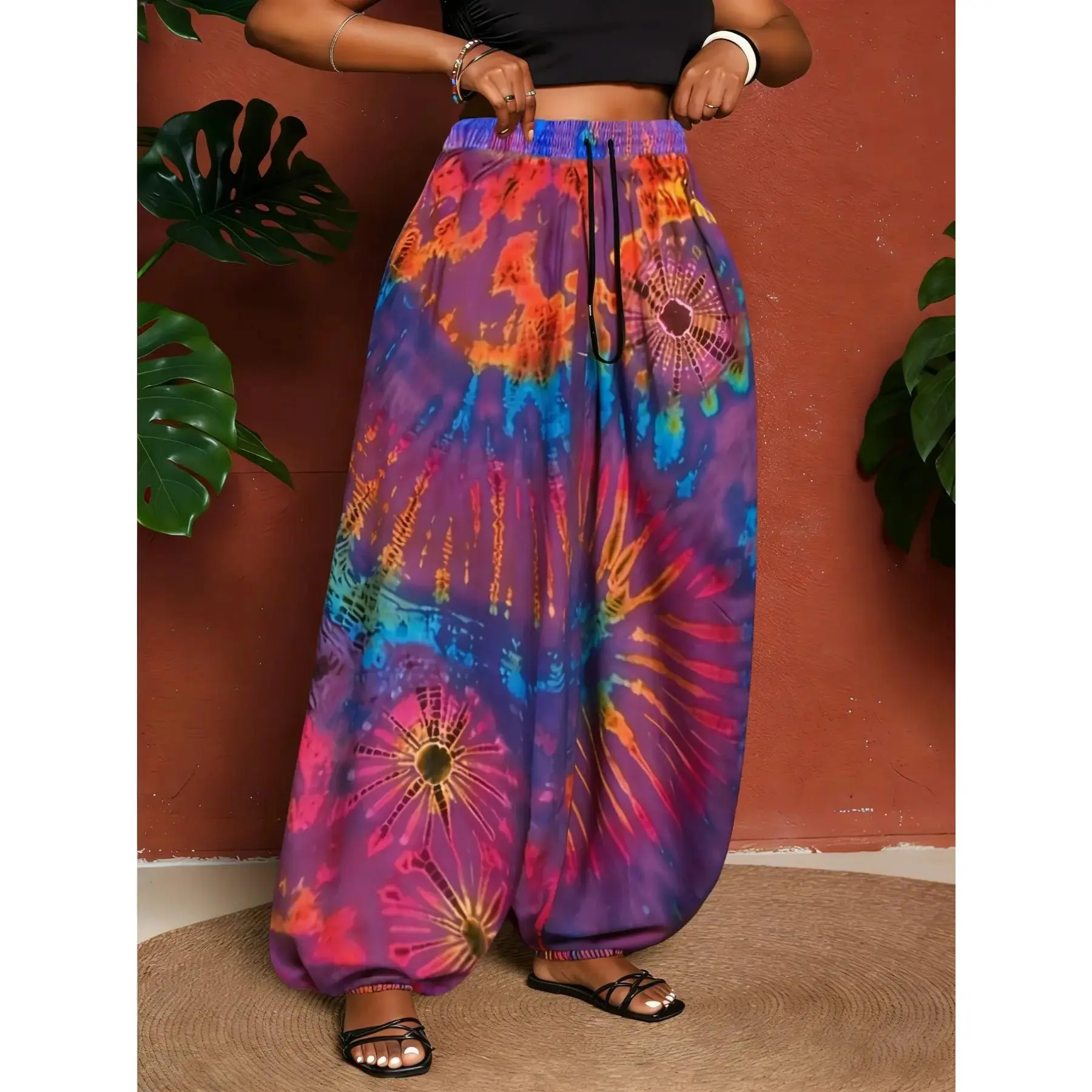Women's Plus Size Casual Wide Leg Pants Tie Dye Boho Bohemian Drawstring Joggers, Comfortable Loose Fit Sweatpants for Daily Wear