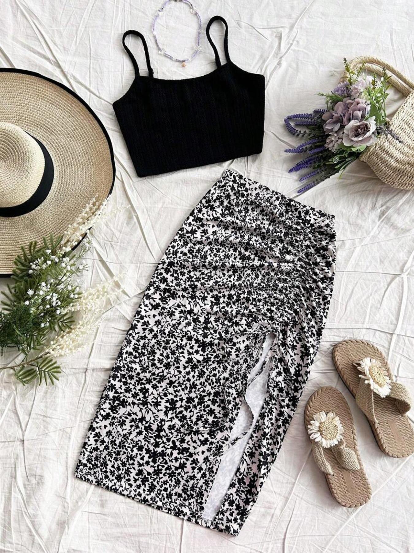 Women's Solid Color Crop Cami Top & All Over Heart Print Skirt Two-piece Set, Boho Sleeveless Spaghetti Strap Top & Skirt, Casual Summer Clothes for Ladies, Womenswear, Bohemian Casual Outfits Women Matching Sets