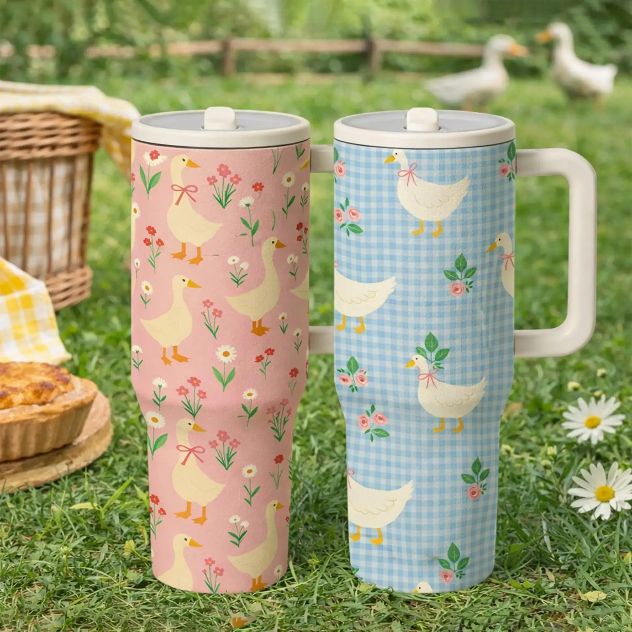 AuraCup 1pc 40oz Insulated Tumbler with Handle and Lid, Quencher Tumbler, Duck Floral Pattern Stainless Steel Travel Mug, Pastel Style Large Capacity Vacuum Cup for Coffee Tea, Keeps Cold 12 Hours Hot 6 Hours, Gift for Home Office Outdoor Use