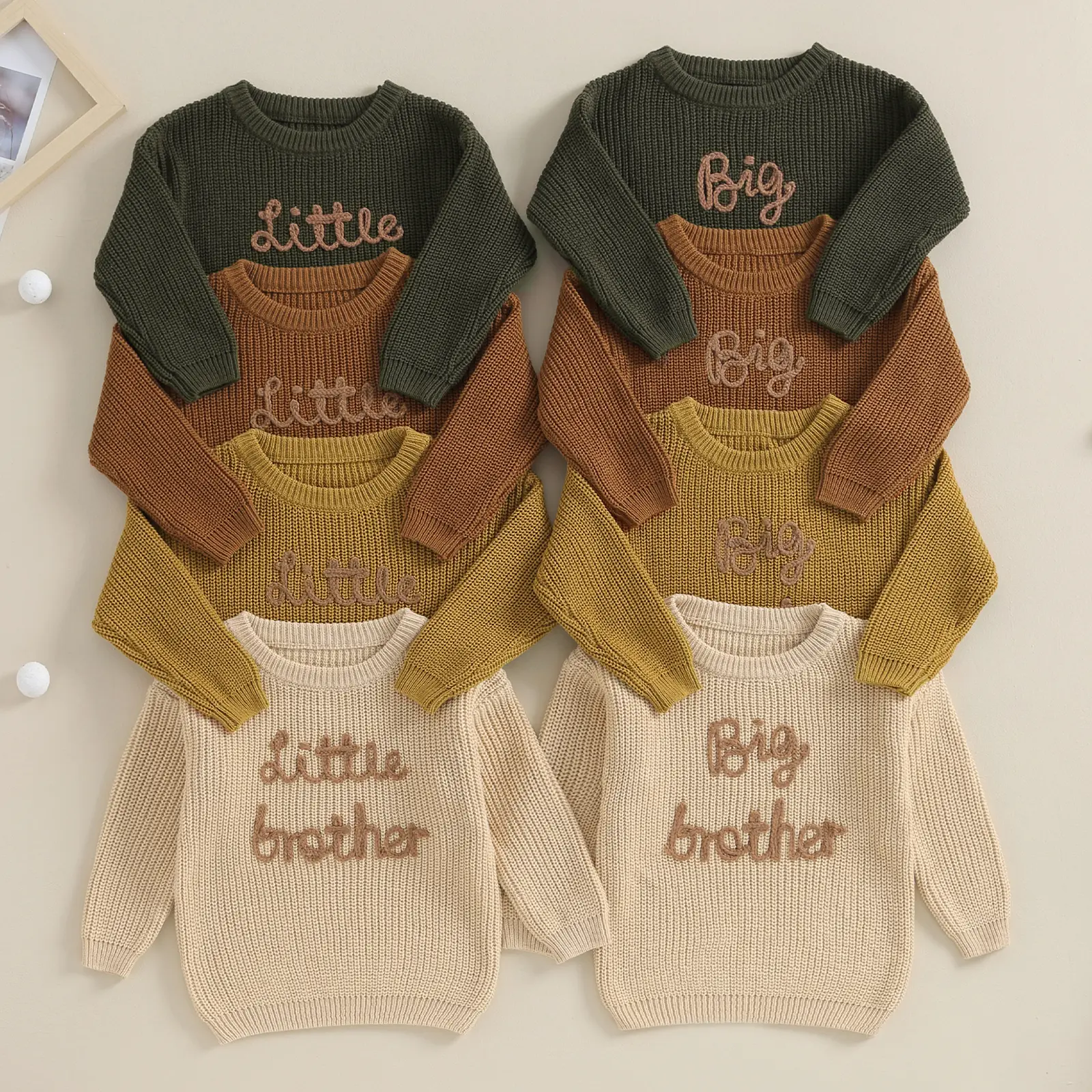 FOCUSNORM Toddler Baby Boy Matching Brother Sweater Long Sleeve Lil Bro/Big Bro Embroidery Knit Jumpers Sweatshirt Knitted Pullovers Tops Winter Warm Chunky Knitwear