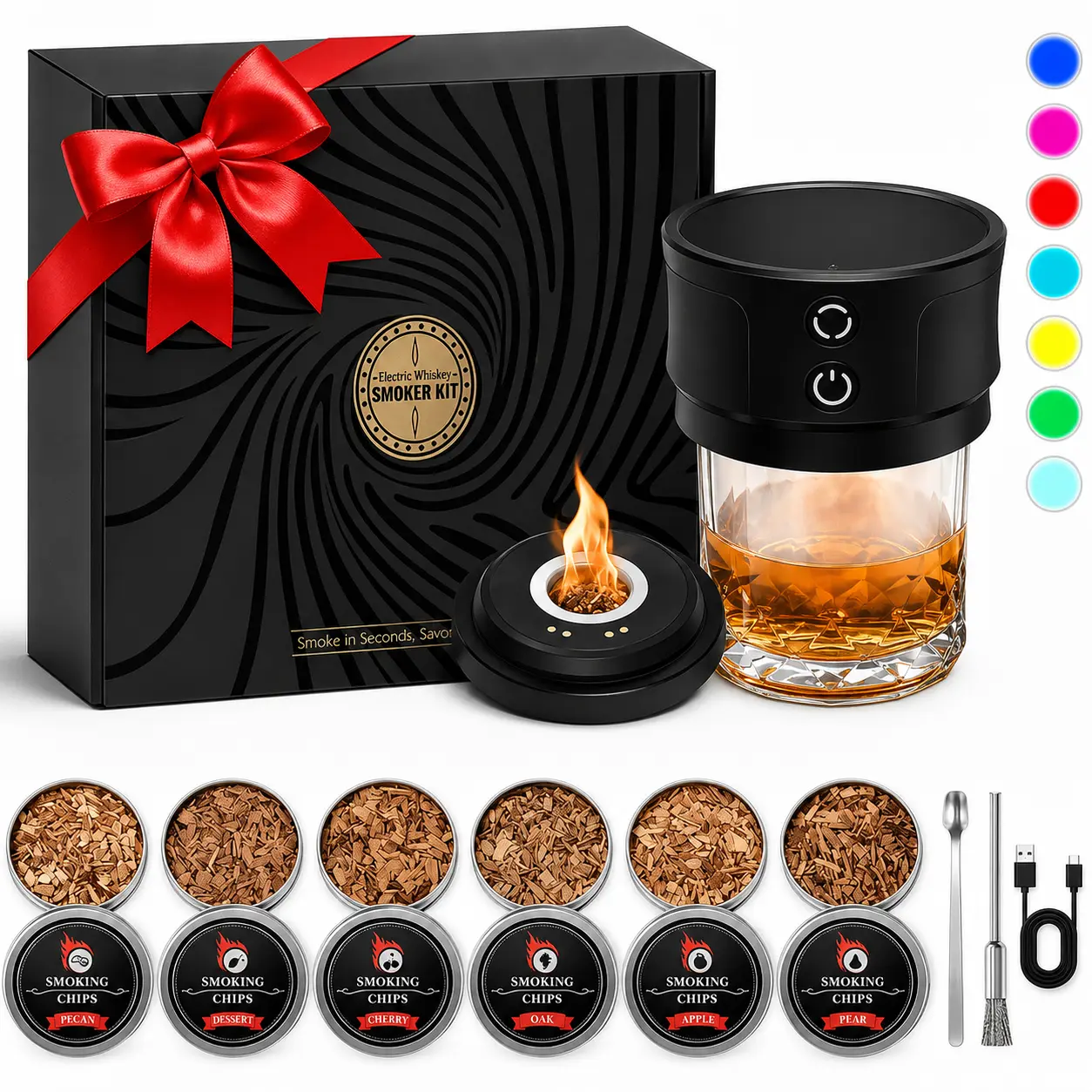 Electric Cocktail Smoker Kit with RGB Light - No Butane Needed, 6 Wood Chips, USB-C Rechargeable, Bourbon Whiskey Flavor Maker, ABS Construction, All Seasons Gift for Fathers (Father's Day, Groomsmen Option), Convenient, Birthday